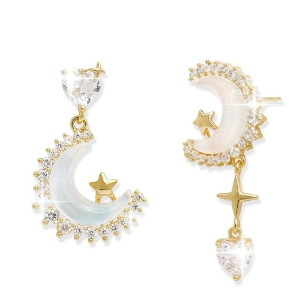 Gold and White Crescent Moon Earrings